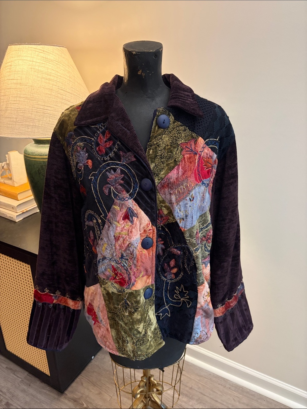 Flashback Boho Hippie Patchwork Velvet Button-Front Jacket Size Large 55% Cotton - Picture 5 of 14